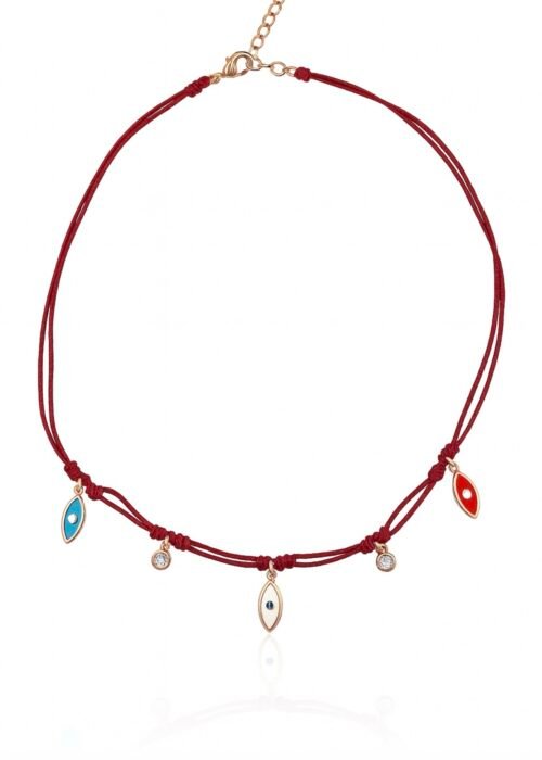 שרשרת קולר חוט בורדו עם עין עיניים צבעוניות