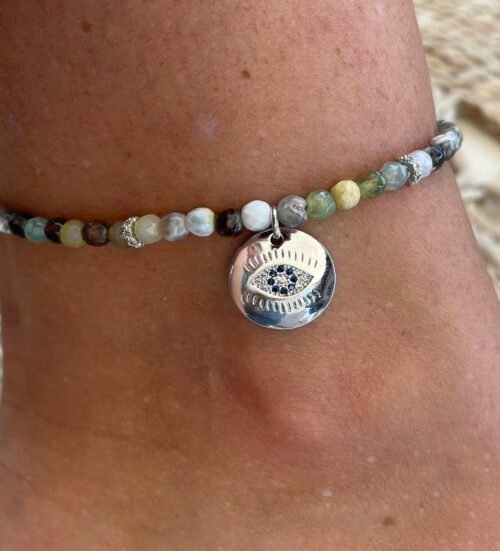 צמיד רגל חרוזים בשילוב עין עגולה