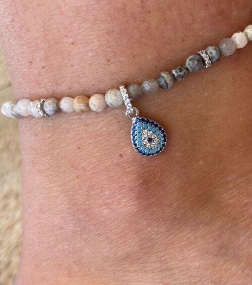 צמיד רגל חרוזים בשילוב עין טיפה טורקיז