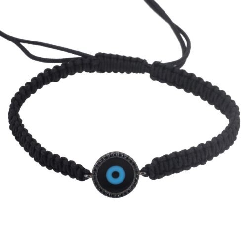 צמיד גבר חוט שחור עם עין עיגול טורקיז משובצת