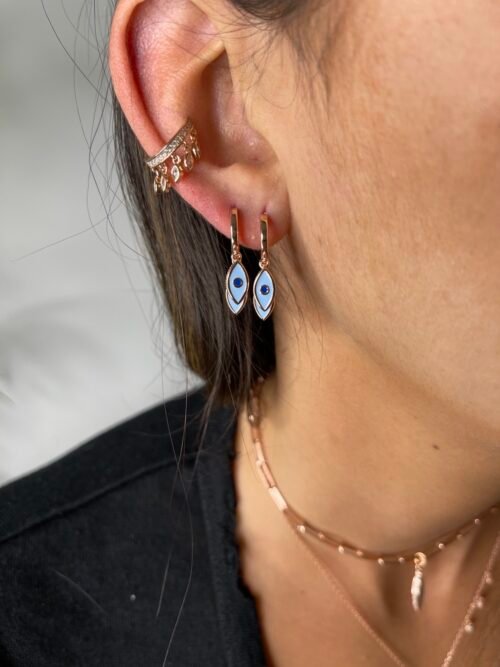 Alternative view of עגילי חישוק עם 3 עיניים תכלת