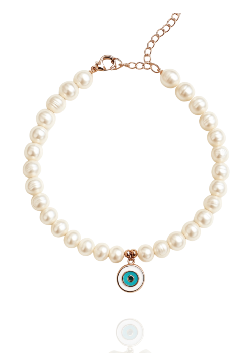 צמיד פנינים עם עין אמייל נופלת