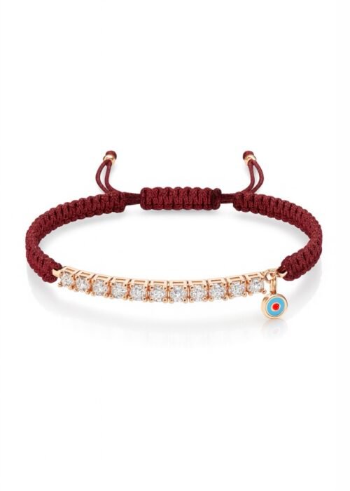 צמיד חוט בורדו רקום עם טניס ועין נופלת