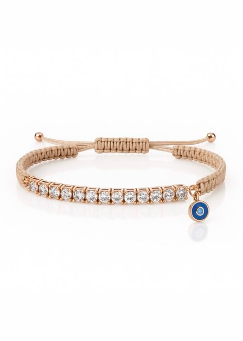 צמיד חוט טבעי רקום עם טניס ועין נופלת