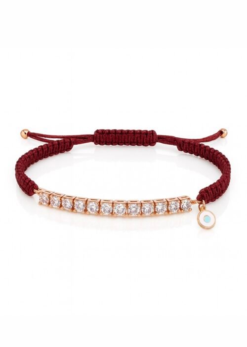 צמיד חוט בורדו רקום עם טניס ועין נופלת