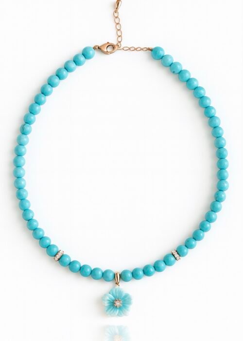 שרשרת חרוזים טורקיז בשילוב פרח פנינה תכלת