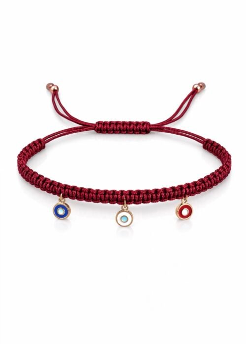 צמיד חוט בורדו רקום עם עיניים צבעוניות