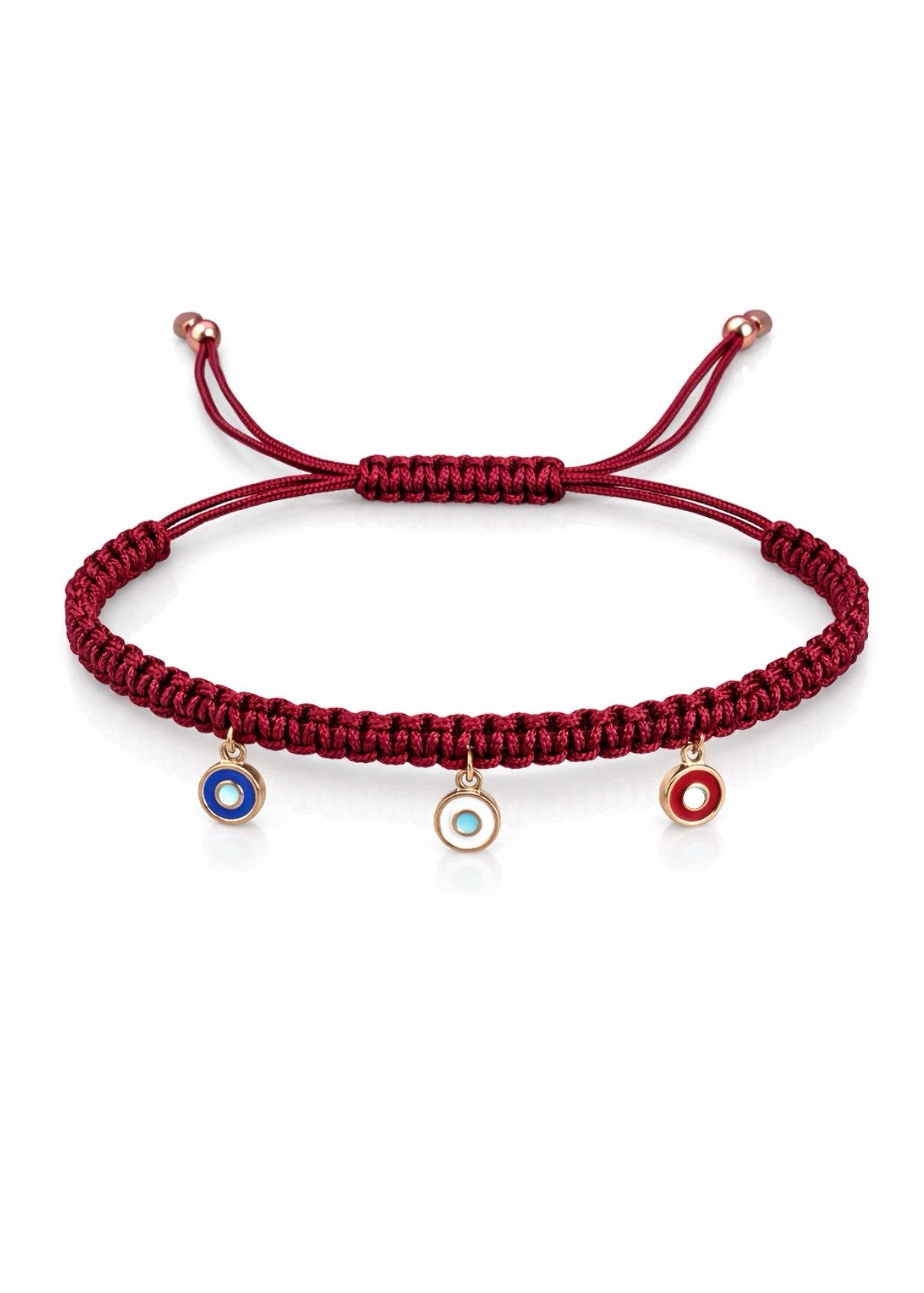 צמיד חוט בורדו רקום עם עיניים צבעוניות