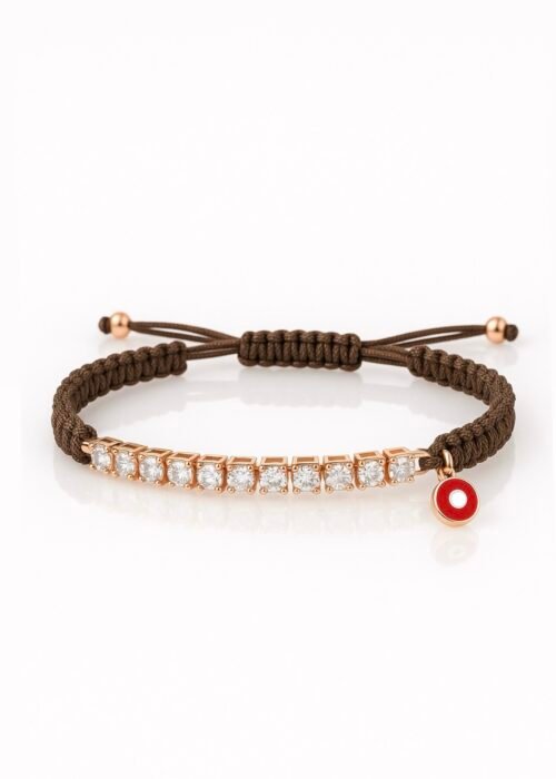 צמיד חוט חום רקום עם טניס ועין נופלת