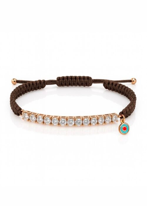 צמיד חוט חום רקום עם טניס ועין נופלת