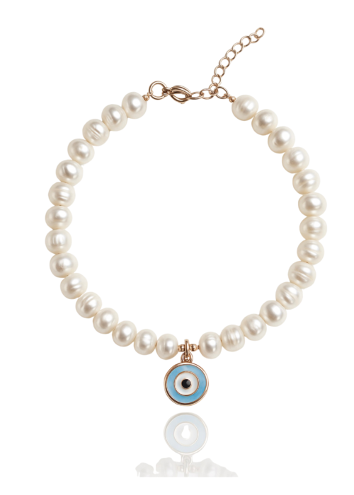 צמיד פנינים עם עין אמייל נופלת