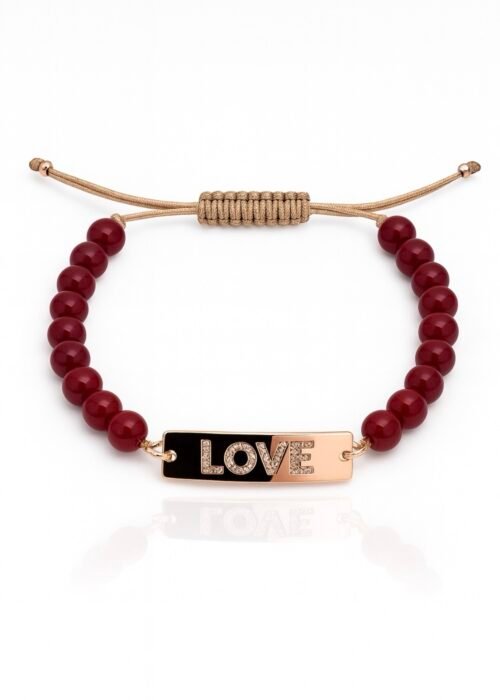 צמיד חרוזים בורדו עם פלטה LOVE