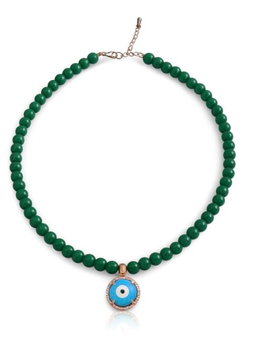 שרשרת חרוזים ירוקים עם עין טורקיז