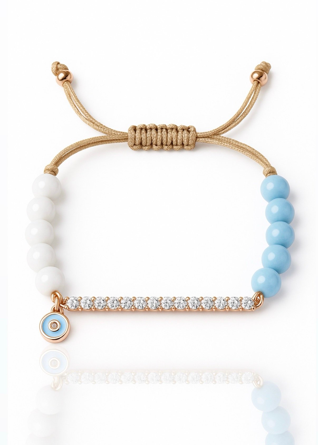 צמיד חרוזים לבן תכלת עם פלטה משובצת