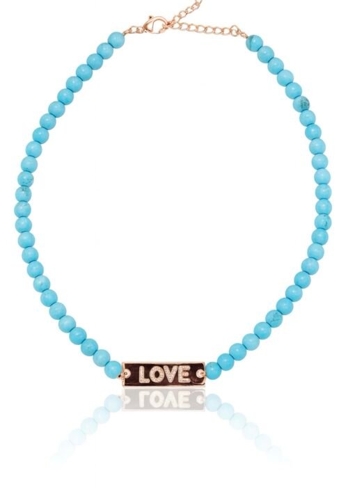 שרשרת חרוזים טורקיז בשילוב פלטה LOVE