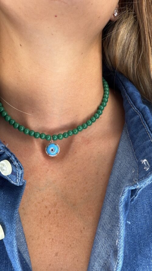Alternative view of שרשרת חרוזים ירוקים עם עין טורקיז