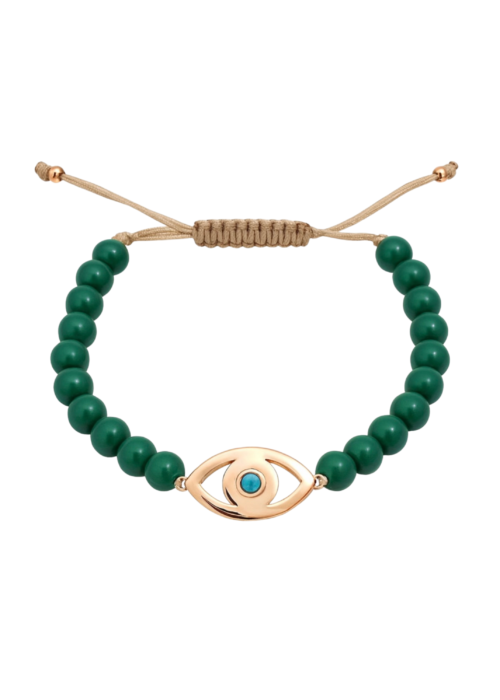 צמיד חרוזים ירוקים עם עין טורקיז