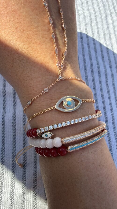 Alternative view of צמיד חרוזים בורדו עם פלטה משובצת טורקיז