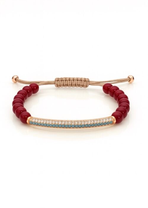 צמיד חרוזים בורדו עם פלטה משובצת טורקיז